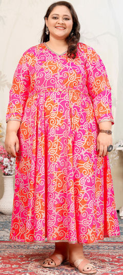 Orange, Pink and Majenta color Kurti in Rayon fabric with Bandhej, Printed work