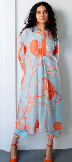 Blue, Orange color Salwar Kameez in Viscose fabric with Printed work