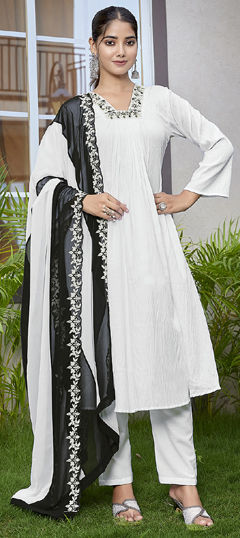 White and Off White color Salwar Kameez in Viscose fabric with Embroidered, Thread work