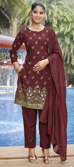 Red and Maroon color Salwar Kameez in Crepe Silk fabric with Foil Print, Printed work