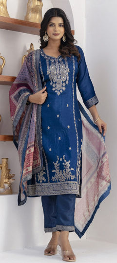 Blue color Salwar Kameez in Viscose fabric with Cut Dana, Sequence, Weaving, Zari work
