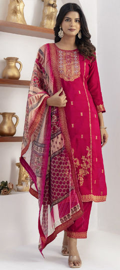 Beige and Brown color Salwar Kameez in Viscose fabric with Cut Dana, Sequence, Weaving, Zari work