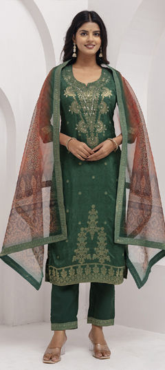Green color Salwar Kameez in Viscose fabric with Cut Dana, Sequence, Weaving, Zari work
