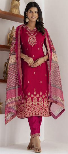 Pink and Majenta color Salwar Kameez in Viscose fabric with Cut Dana, Sequence, Weaving, Zari work