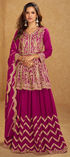 Pink and Majenta color Long Lehenga Choli in Chinon Silk fabric with Embroidered, Mirror, Thread work