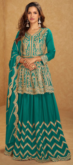 Green color Long Lehenga Choli in Chinon Silk fabric with Embroidered, Mirror, Thread work