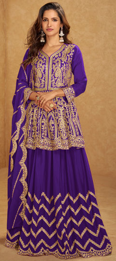 Purple and Violet color Long Lehenga Choli in Chinon Silk fabric with Embroidered, Mirror, Thread work