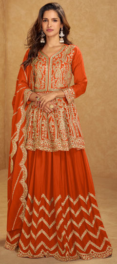 Orange color Long Lehenga Choli in Chinon Silk fabric with Embroidered, Mirror, Thread work