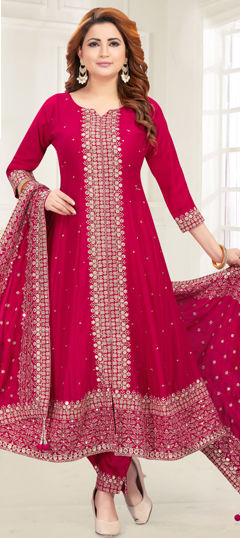 Pink and Majenta color Salwar Kameez in Silk fabric with Embroidered, Sequence, Thread, Zari work