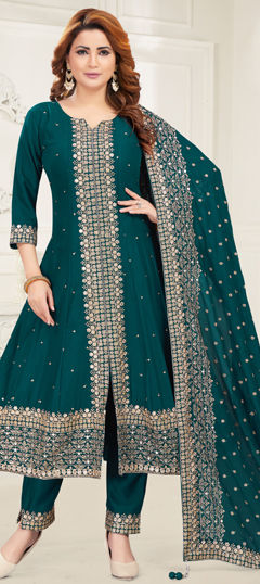 Blue color Salwar Kameez in Silk fabric with Embroidered, Sequence, Thread, Zari work