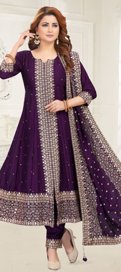 Purple and Violet color Salwar Kameez in Silk fabric with Embroidered, Sequence, Thread, Zari work