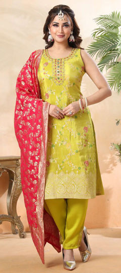 Green color Salwar Kameez in Silk fabric with Embroidered, Sequence, Thread, Weaving work