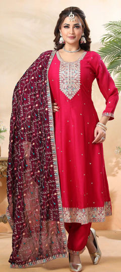 Pink and Majenta color Salwar Kameez in Silk fabric with Embroidered, Sequence, Thread, Zari work