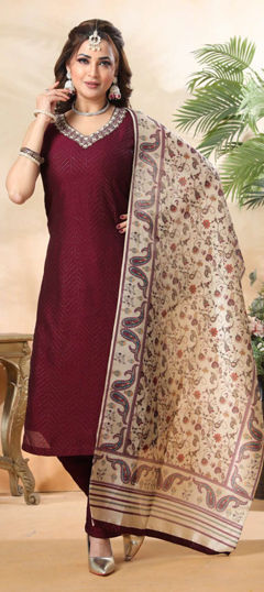 Red and Maroon color Salwar Kameez in Silk fabric with Embroidered, Sequence, Thread work