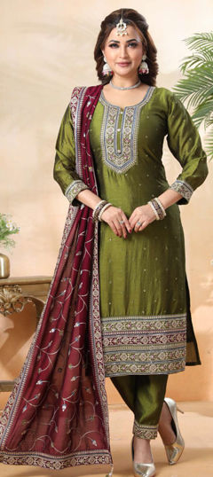 Green color Salwar Kameez in Silk fabric with Embroidered, Sequence, Thread, Zari work