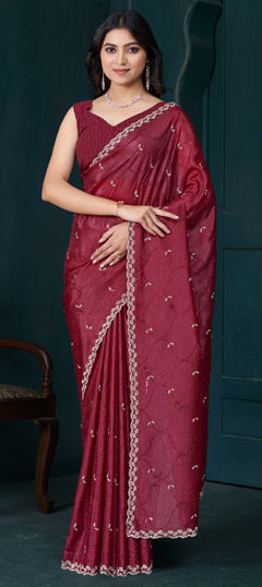 Red and Maroon color Saree in Crepe Silk fabric with Stone work