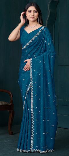 Blue color Saree in Crepe Silk fabric with Stone work