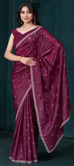 Pink and Majenta color Saree in Crepe Silk fabric with Stone work