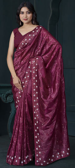 Red and Maroon color Saree in Silk fabric with Embroidered, Sequence, Stone, Thread work