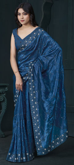 Blue color Saree in Silk fabric with Embroidered, Sequence, Stone, Thread work