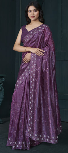 Purple and Violet color Saree in Silk fabric with Embroidered, Sequence, Stone, Thread work