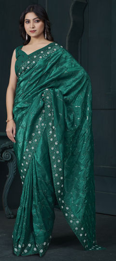 Green color Saree in Silk fabric with Embroidered, Sequence, Stone, Thread work