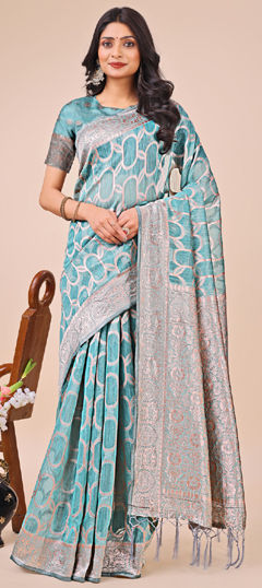 Blue color Saree in Linen fabric with Weaving work