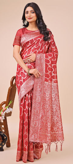 Red and Maroon color Saree in Linen fabric with Weaving work