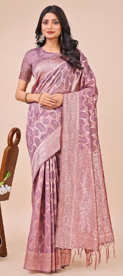 Purple and Violet color Saree in Linen fabric with Weaving work