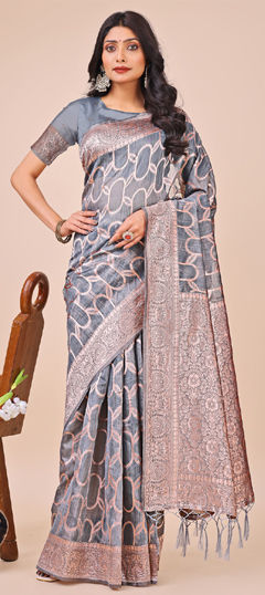 Black and Grey color Saree in Linen fabric with Weaving work