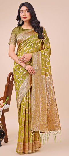 Green color Saree in Linen fabric with Weaving work