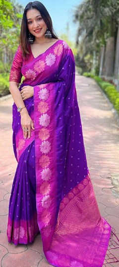 Purple and Violet color Saree in Art Silk fabric with Weaving work