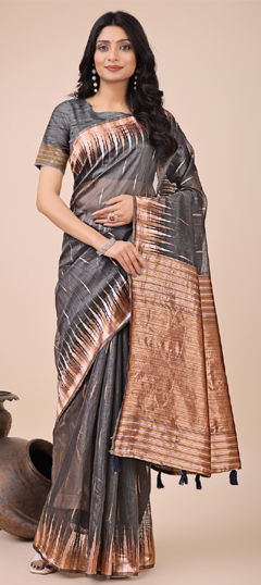 Black and Grey color Saree in Linen fabric with Printed work