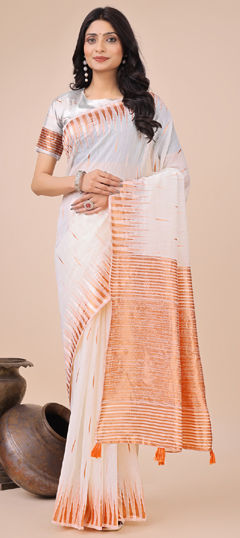 White and Off White color Saree in Linen fabric with Printed work