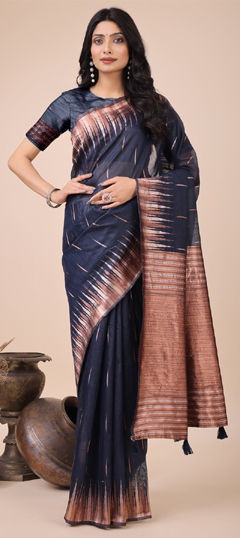 Blue color Saree in Linen fabric with Printed work