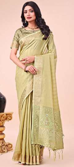 Green color Saree in Organza Silk fabric with Weaving work