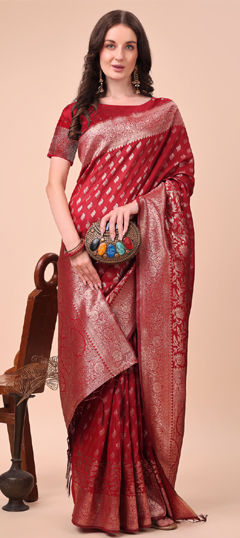 Red and Maroon color Saree in Art Silk fabric with Weaving, Zari work
