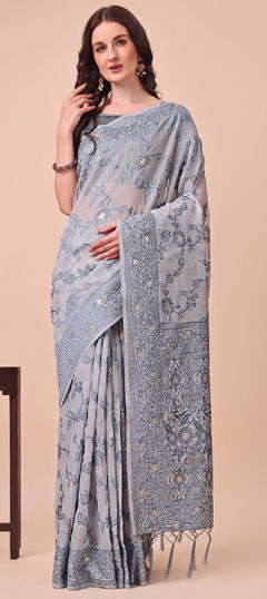 Black and Grey color Saree in Cotton fabric with Weaving, Zari work