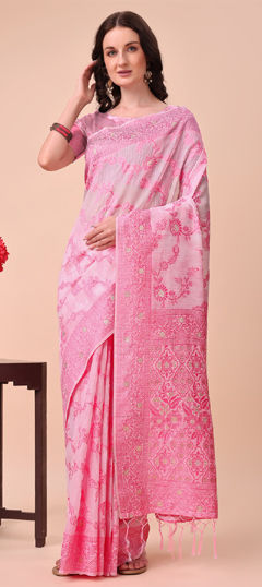 Pink and Majenta color Saree in Cotton fabric with Weaving, Zari work
