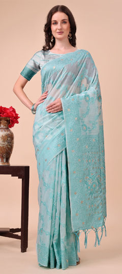 Blue color Saree in Cotton fabric with Weaving, Zari work