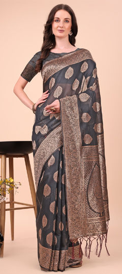 Black and Grey color Saree in Cotton fabric with Weaving work