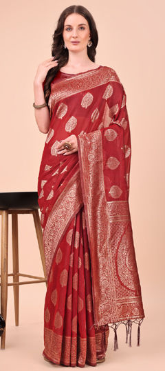 Red and Maroon color Saree in Cotton fabric with Weaving work