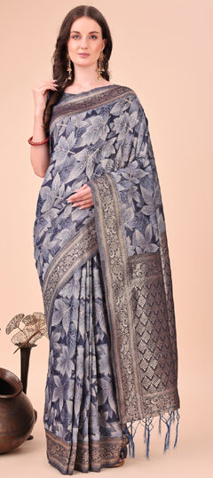 Blue color Saree in Cotton fabric with Printed, Weaving work