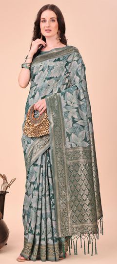 Green color Saree in Cotton fabric with Printed, Weaving work