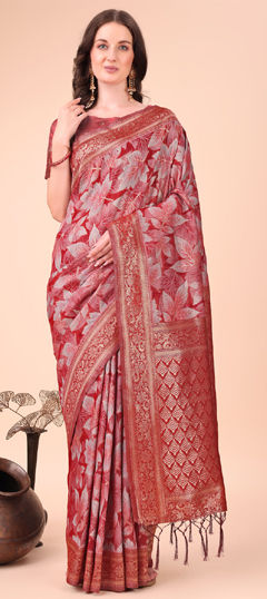 Red and Maroon color Saree in Cotton fabric with Printed, Weaving work