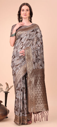 Beige and Brown color Saree in Cotton fabric with Printed, Weaving work