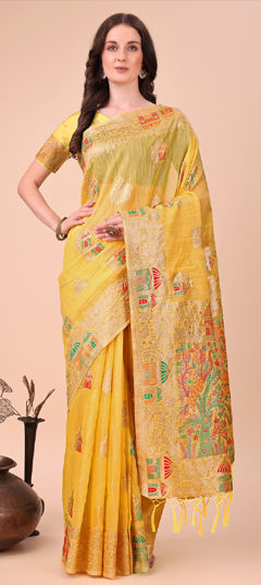 Yellow color Saree in Cotton fabric with Weaving, Zari work