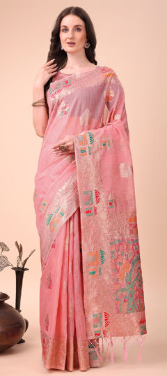 Pink and Majenta color Saree in Cotton fabric with Weaving, Zari work