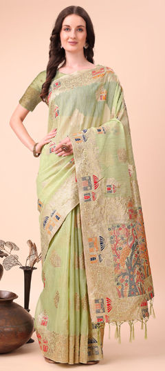 Green color Saree in Cotton fabric with Weaving, Zari work