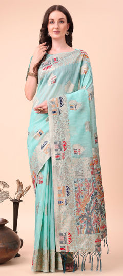 Blue color Saree in Cotton fabric with Weaving, Zari work